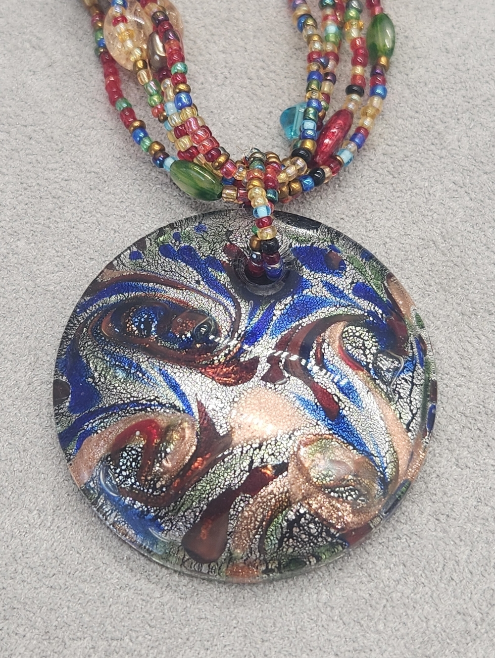 Glass Beaded Necklace Chunky Pendant Multilayer Multicolor Handpainted Boho Art
